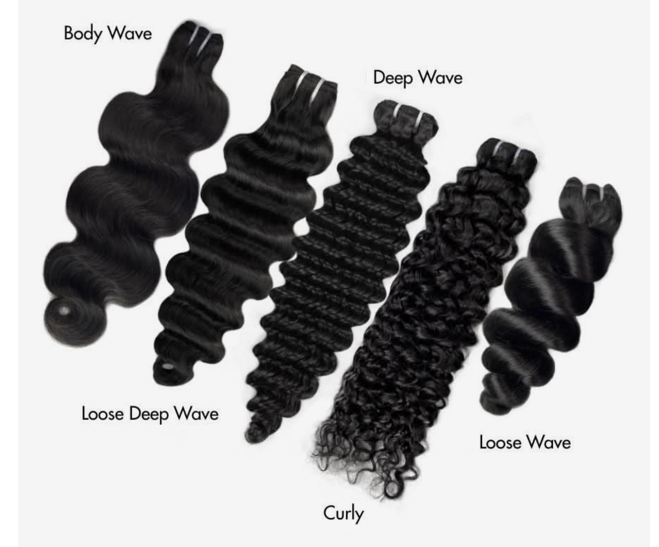Premium bundles in body wave, loose deep wave, deep wave, curly, and loose wave textures