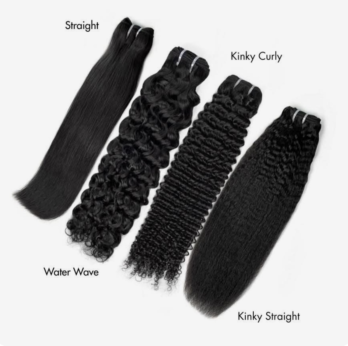 Premium bundles in straight, water wave, kinky curly, and kinky straight textures
